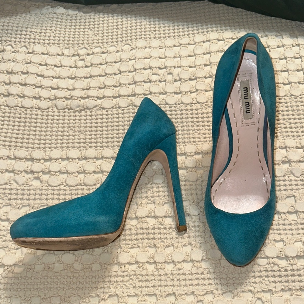 Miu Miu Turquoise Suede Heels